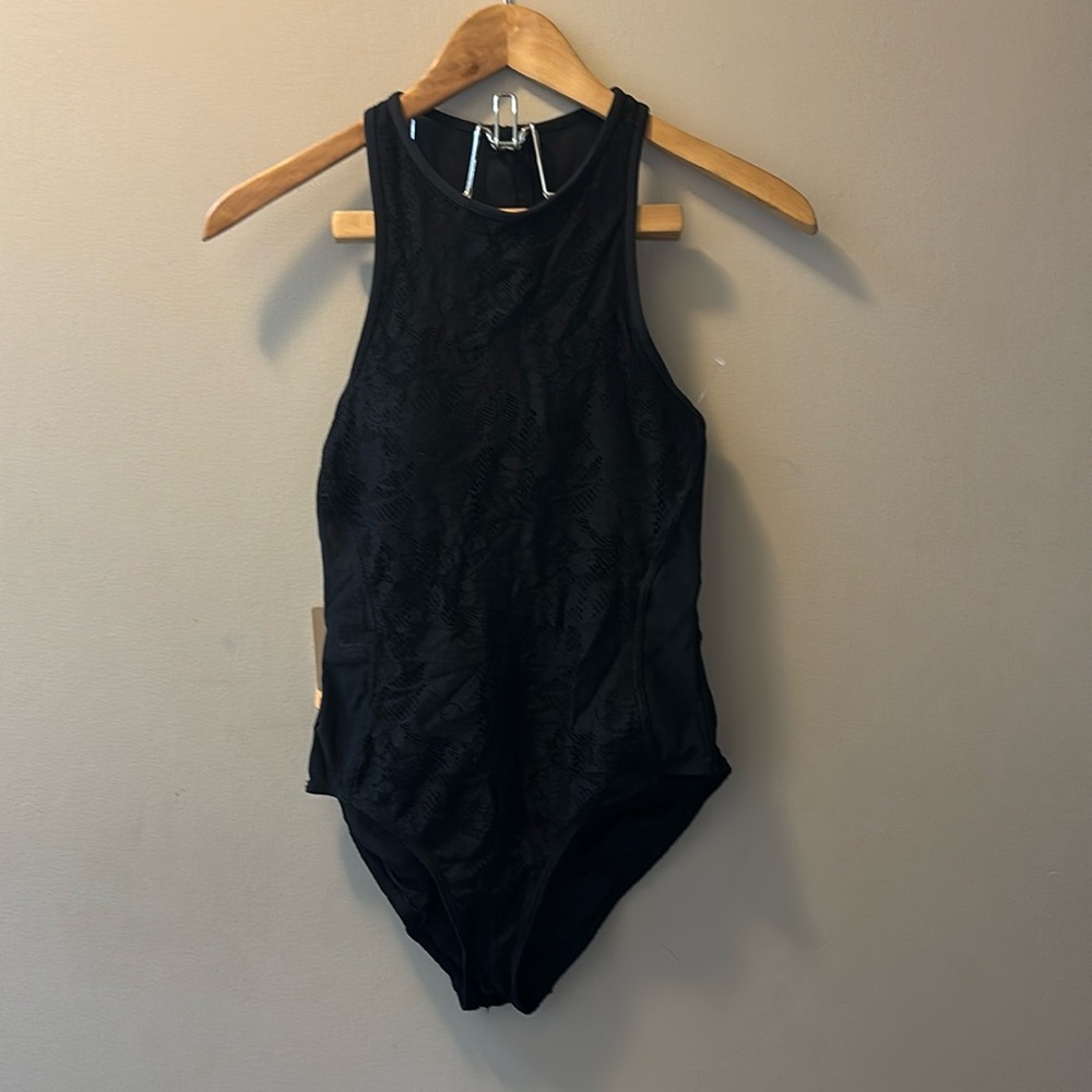 Bond eye Australia Black lace and sheer Fitted racer back Swimsuit with zipper